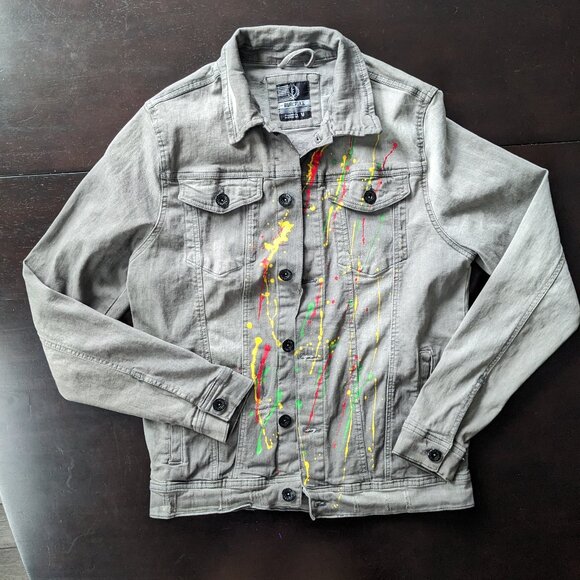 Black Pike Black Jean Jacket Distressed Paint Splatter Size Medium - Picture 1 of 5